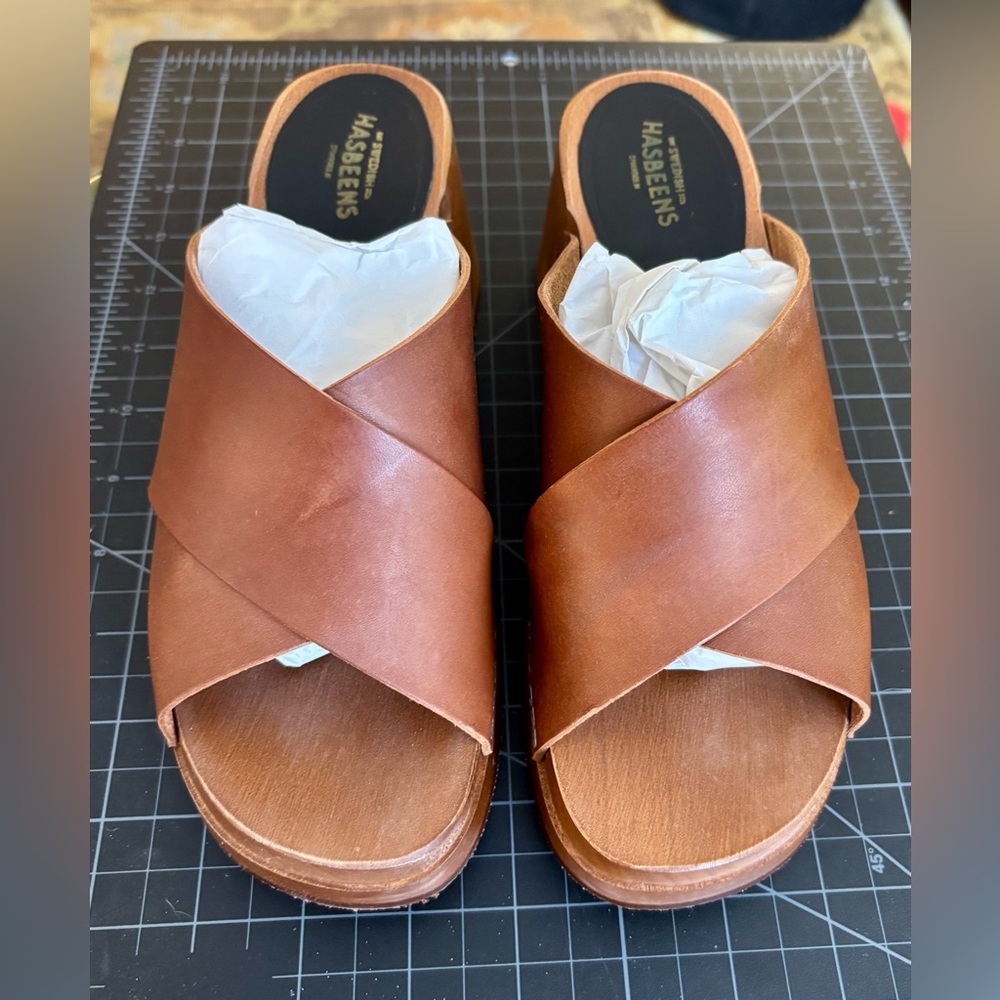 Swedish Hasbeens Annette High Clog Sandals Cognac Size 37